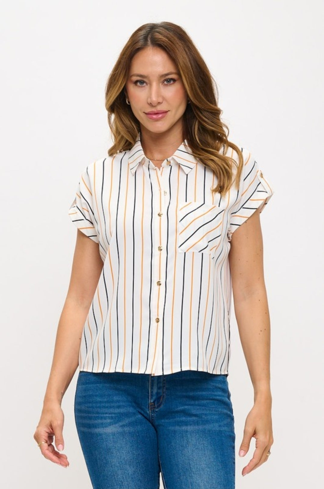 Metro Stripe Button Up Blouse- Plus Size