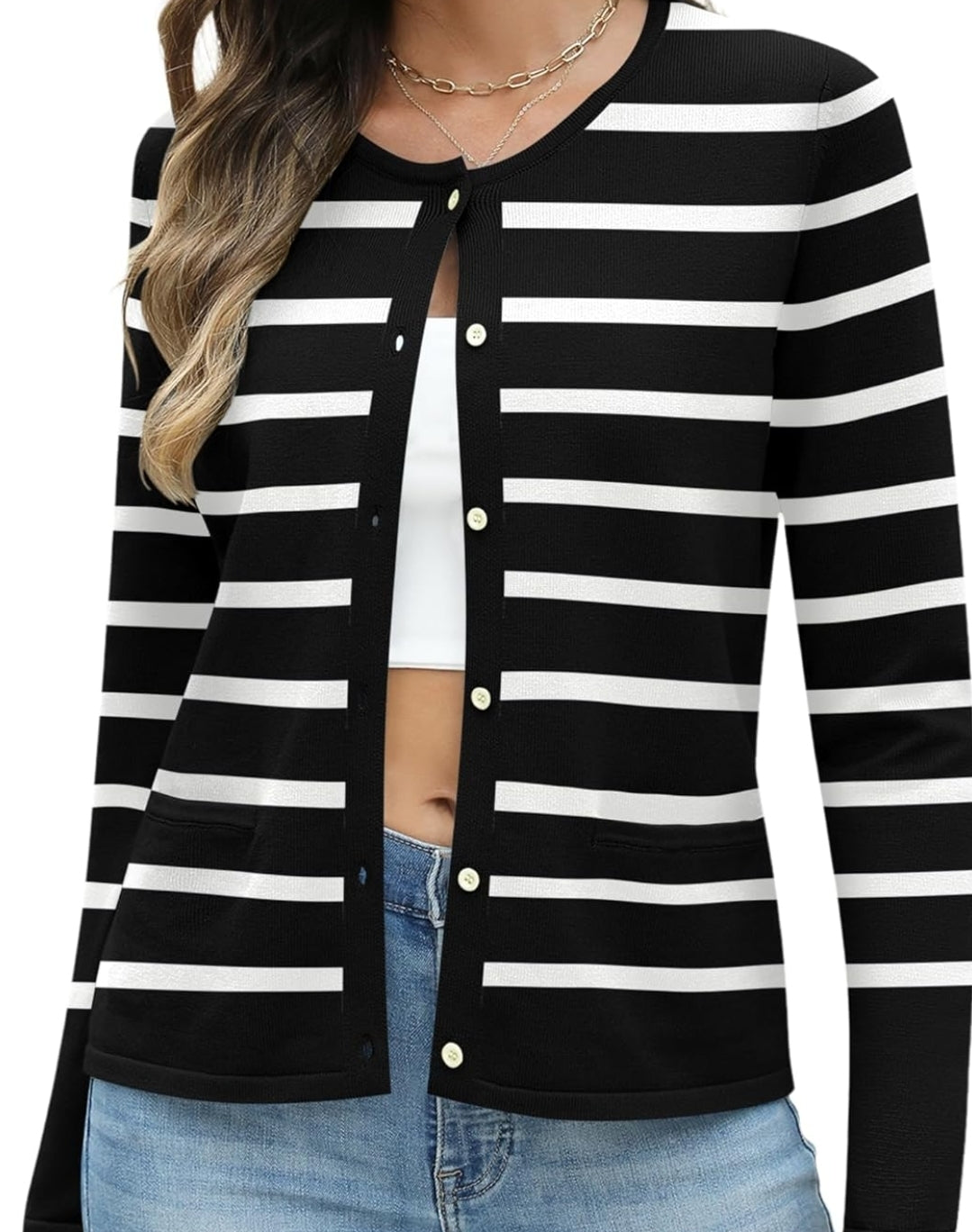 Stripped Crew Neck Cardigan