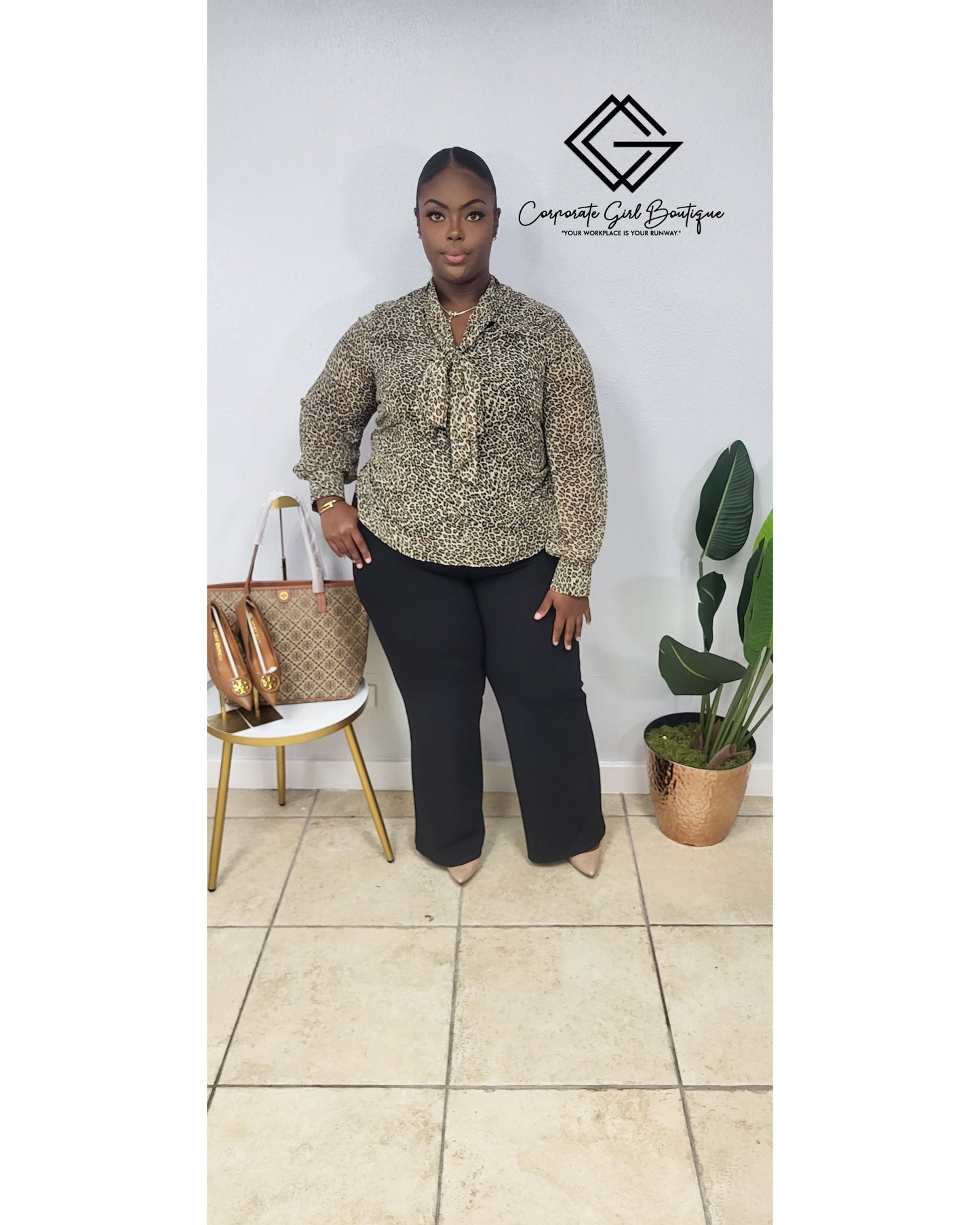Savannah Leopard Tie Neck Blouse