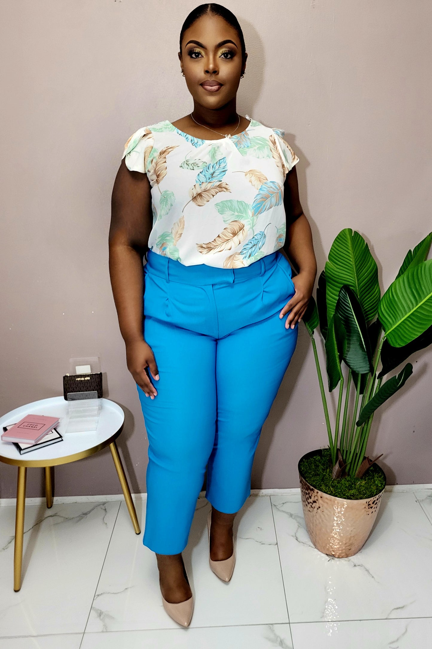 Hibiscus Leaf Cap Sleeve Blouse- Plus Size