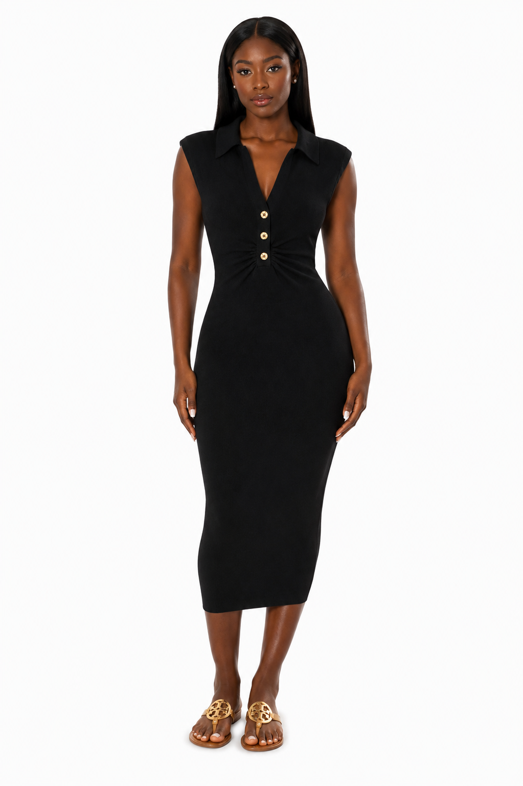 Deep V-Neck Button Dress