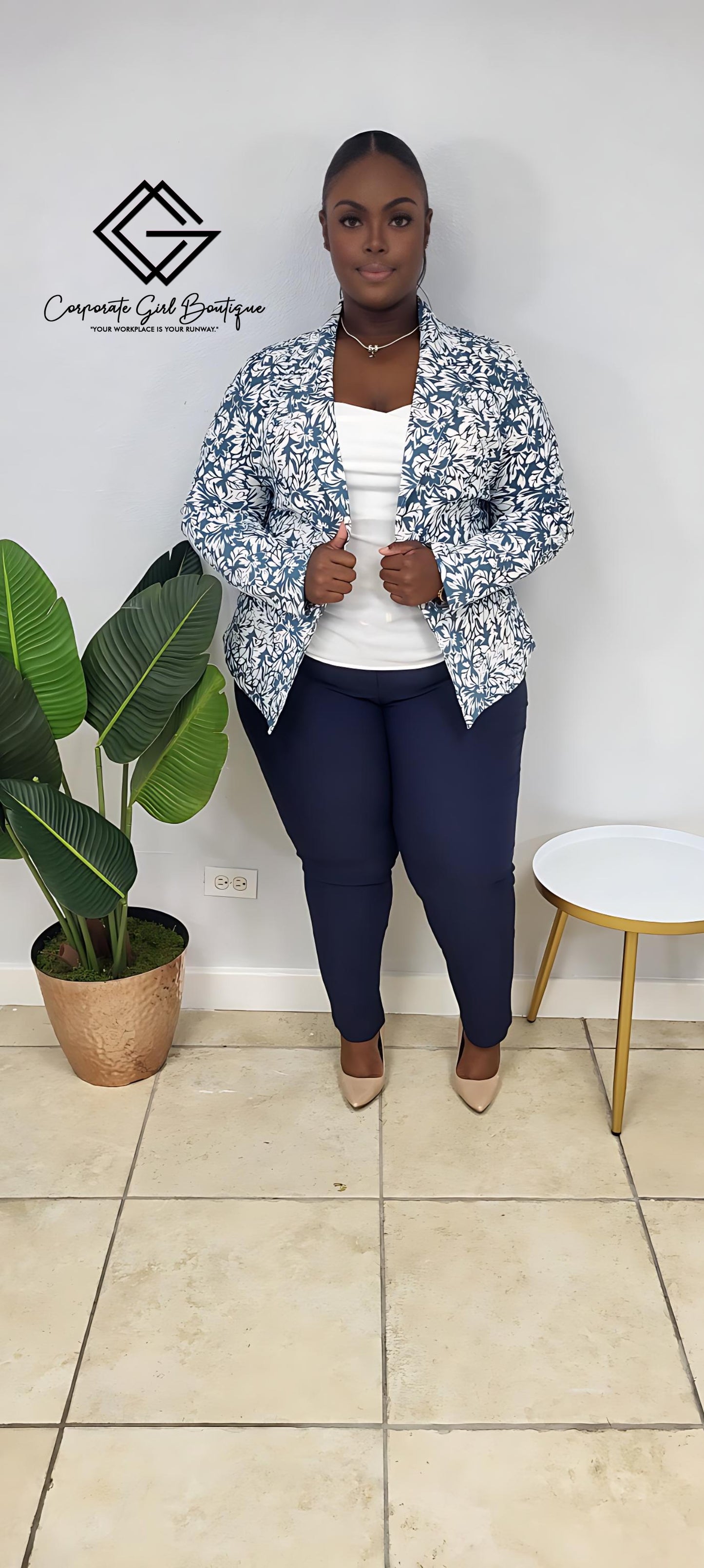 Azure Breeze Printed Blazer- Plus Size