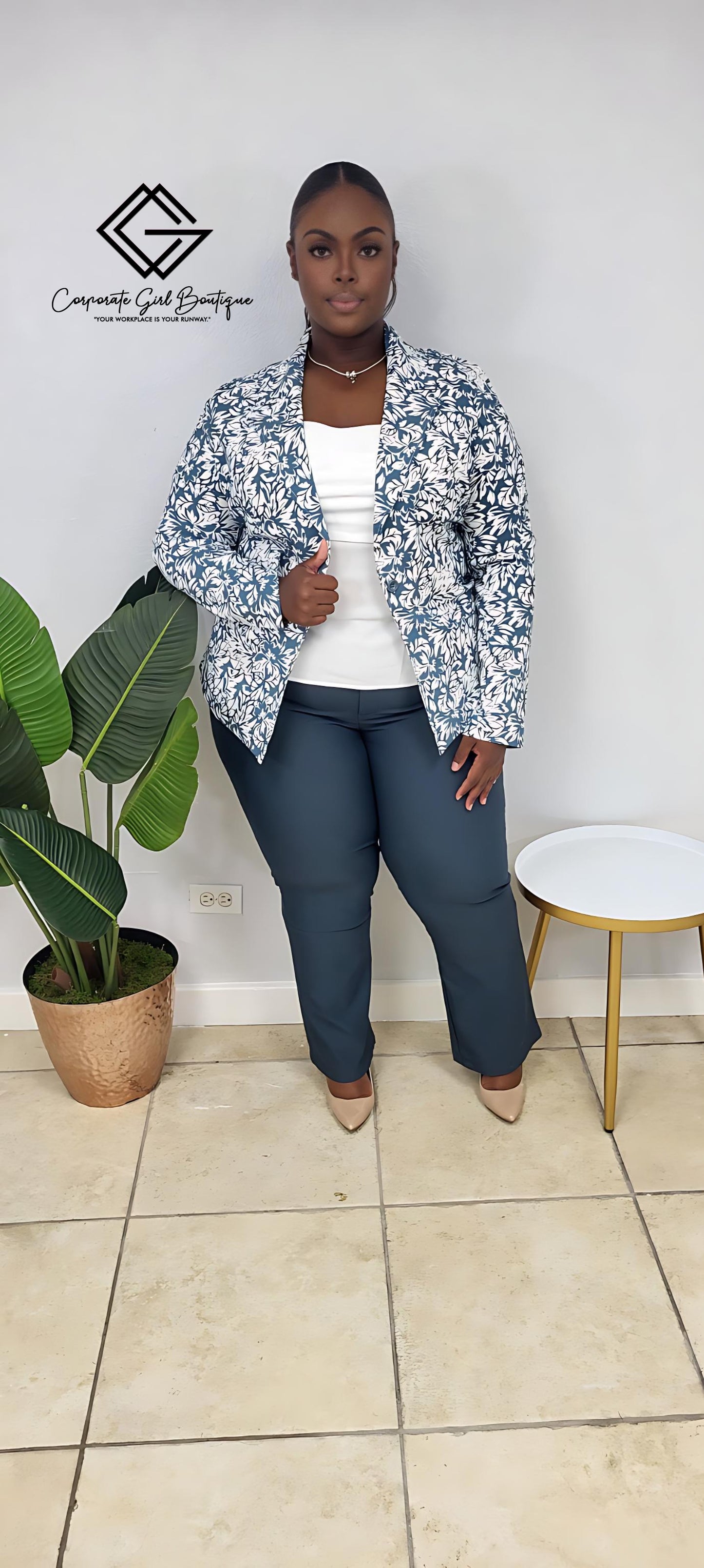 Azure Breeze Printed Blazer- Plus Size