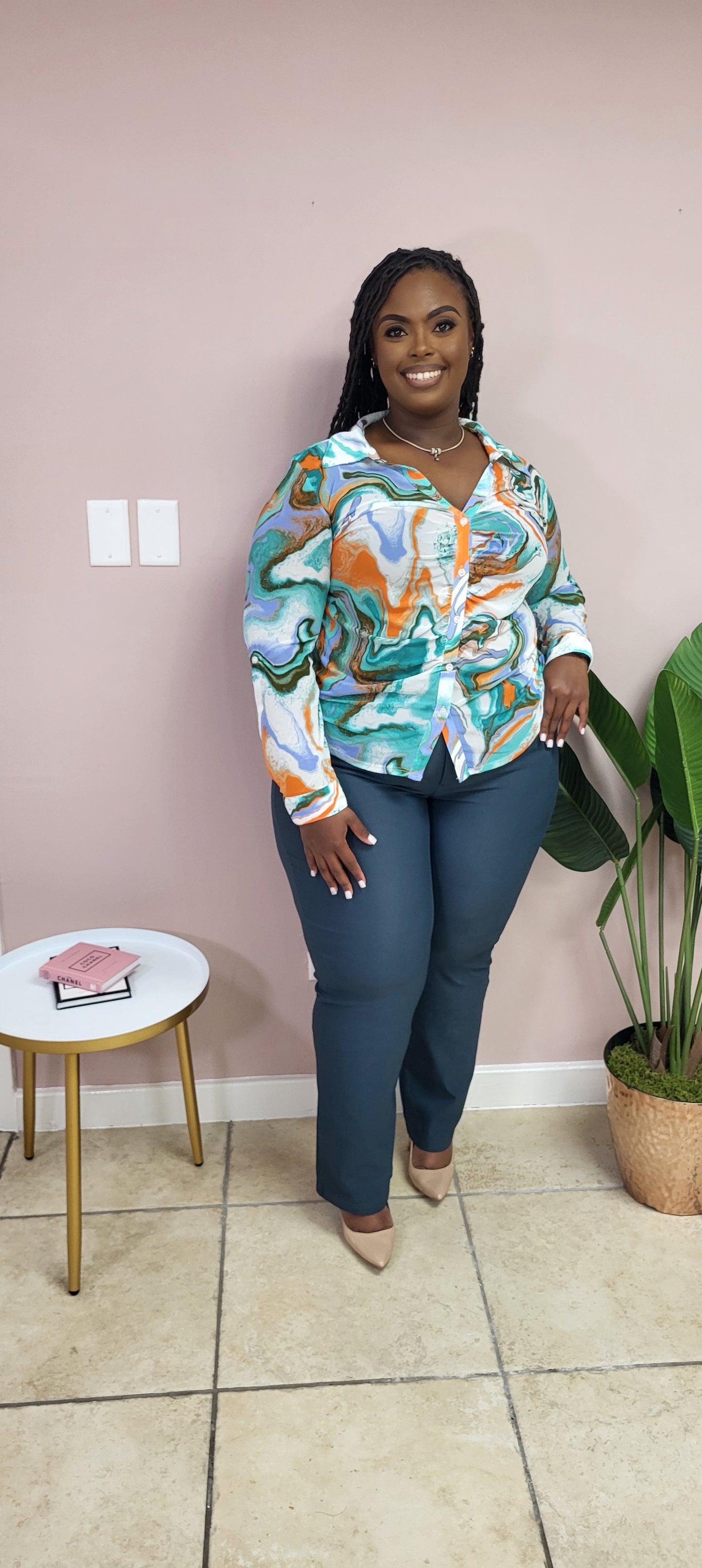 Teal Mesh Long Sleeve Blouse