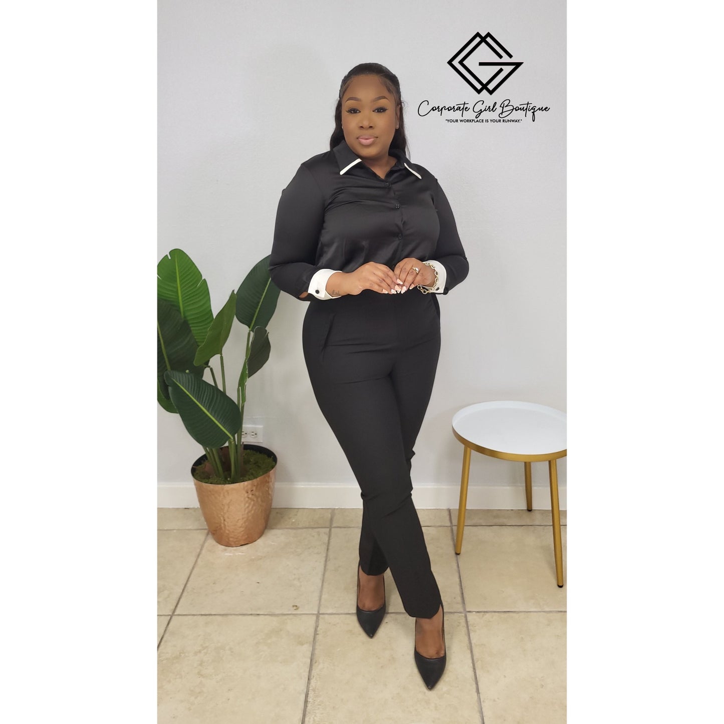 Satin Collared Contrast Long Sleeve Blouse,