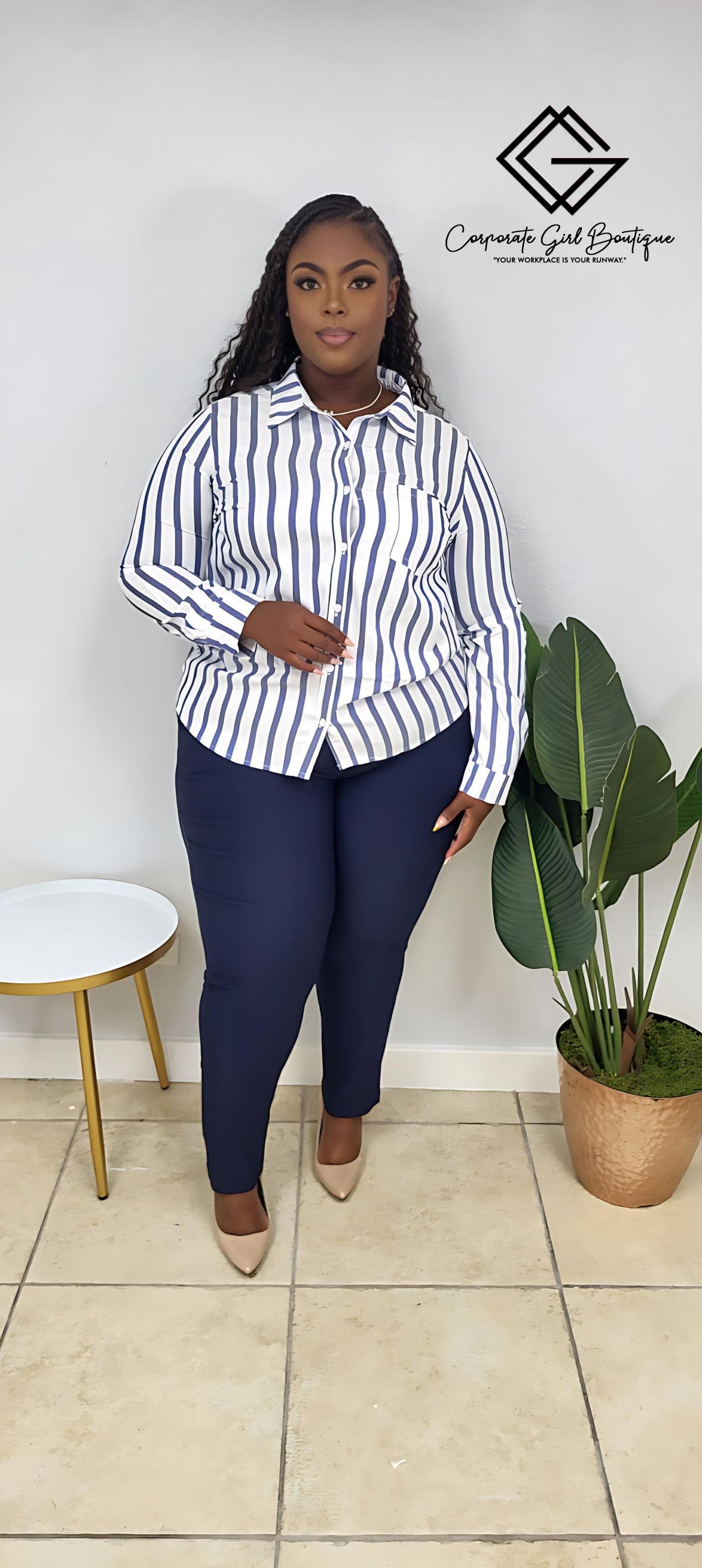 Classic Stripped Blouse- Plus Size