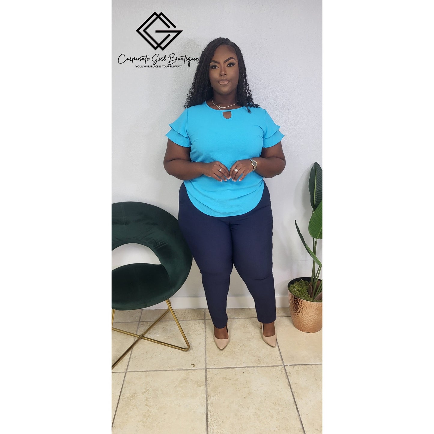 Front Key Hole Flutter Blouse