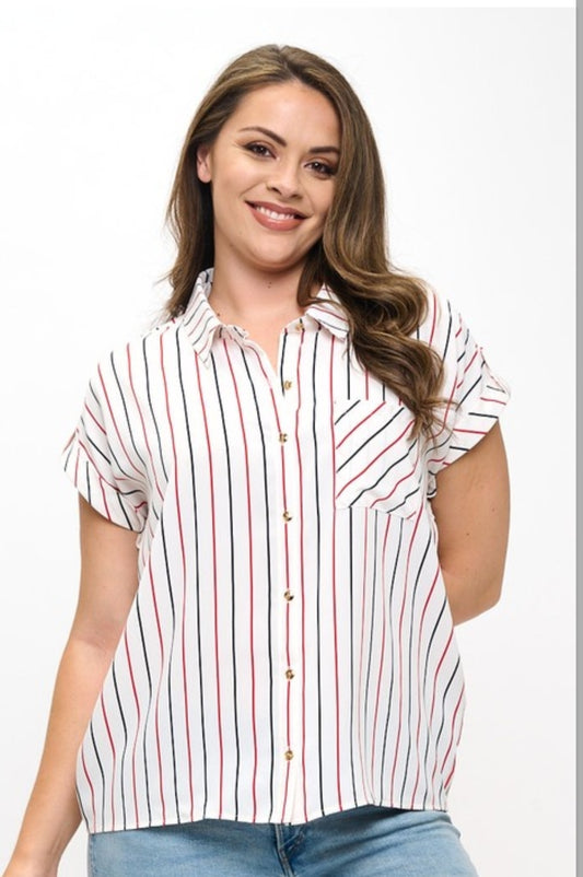 Metro Stripe Button Up Blouse- Plus Size