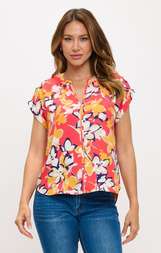 Tropical Bloom Cap Sleeve Blouse- Plus Size