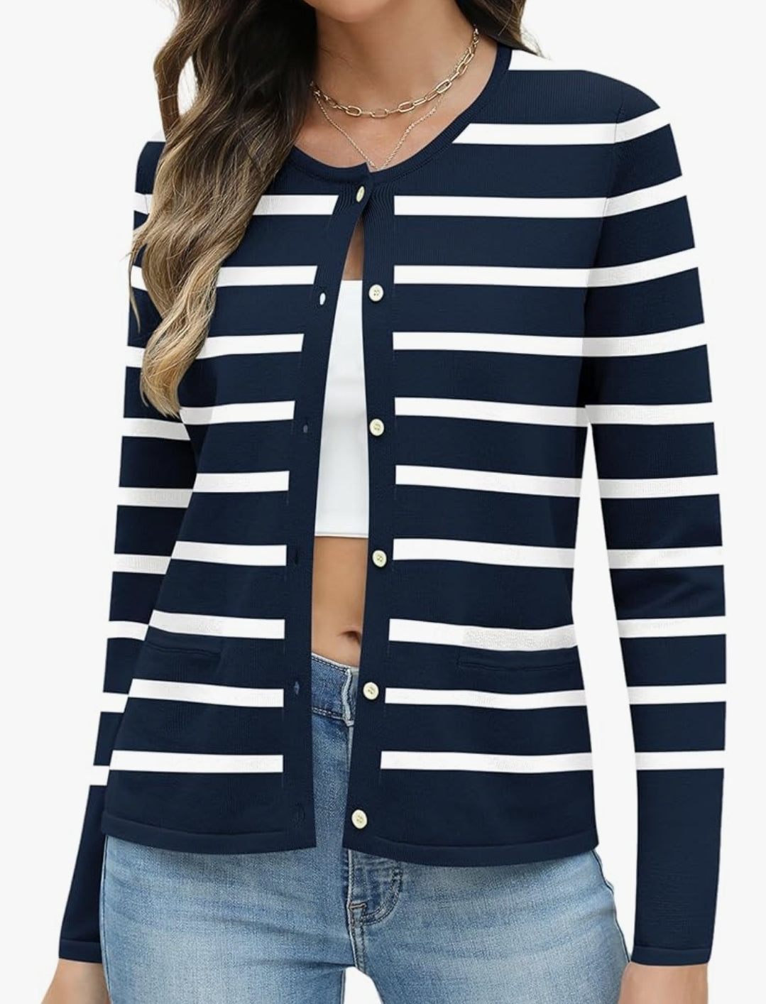 Stripped Crew Neck Cardigan