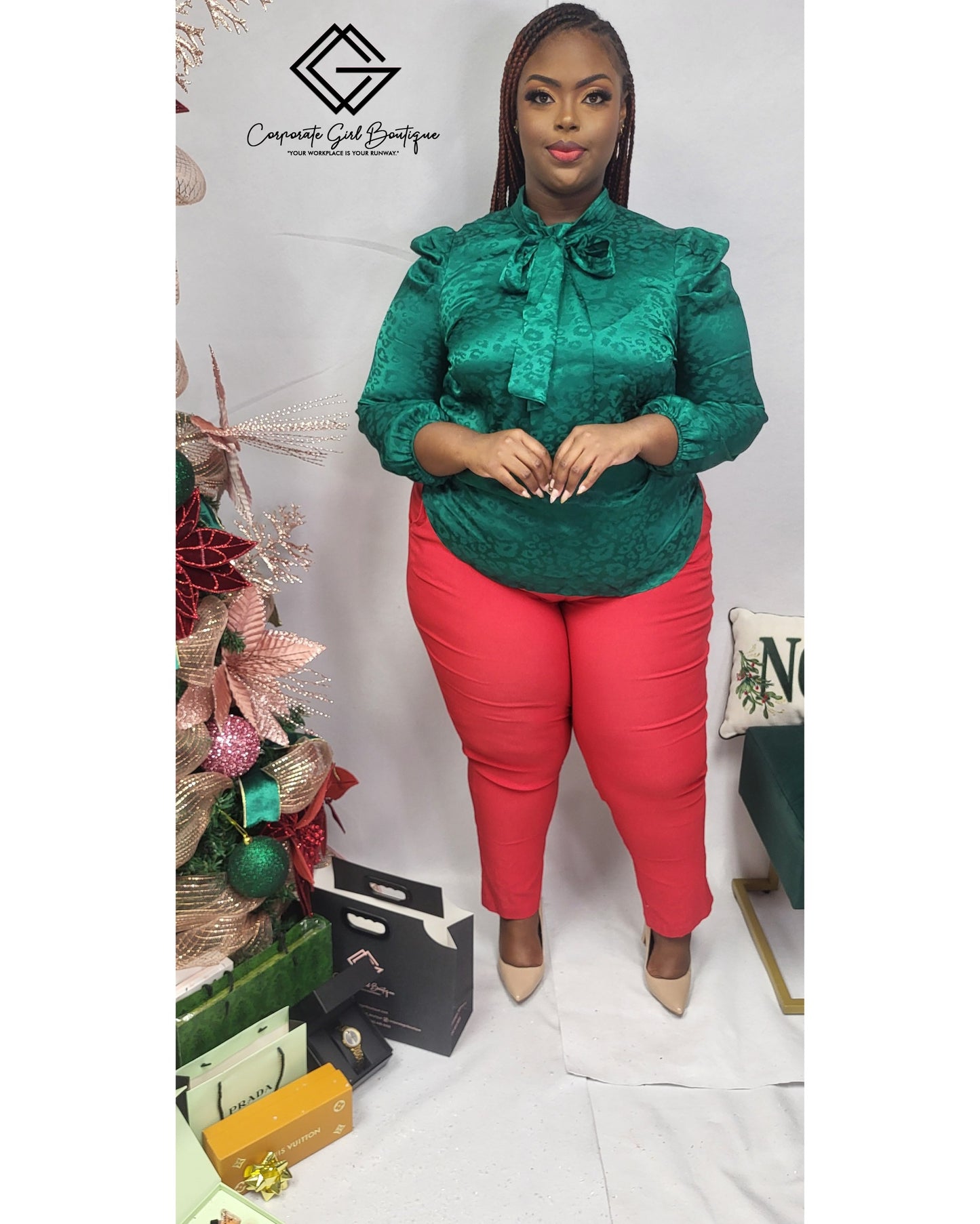 Jacquard Satin Bow Blouse-Plus size