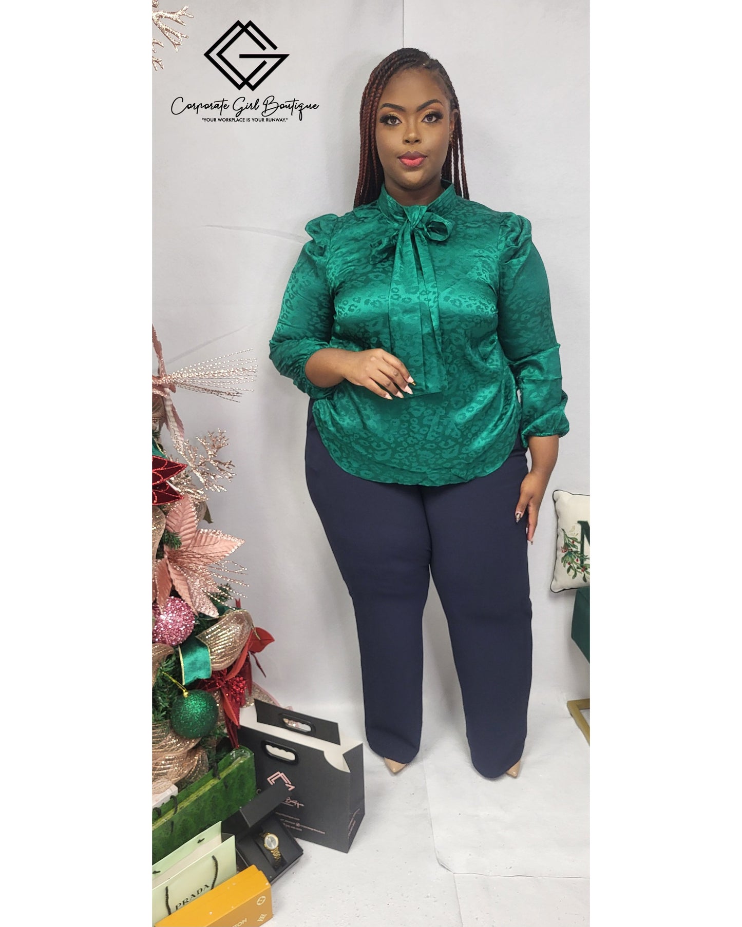 Jacquard Satin Bow Blouse-Plus size