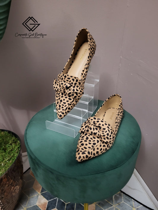 Cheetah Faux Suede Bow Pointed Flats