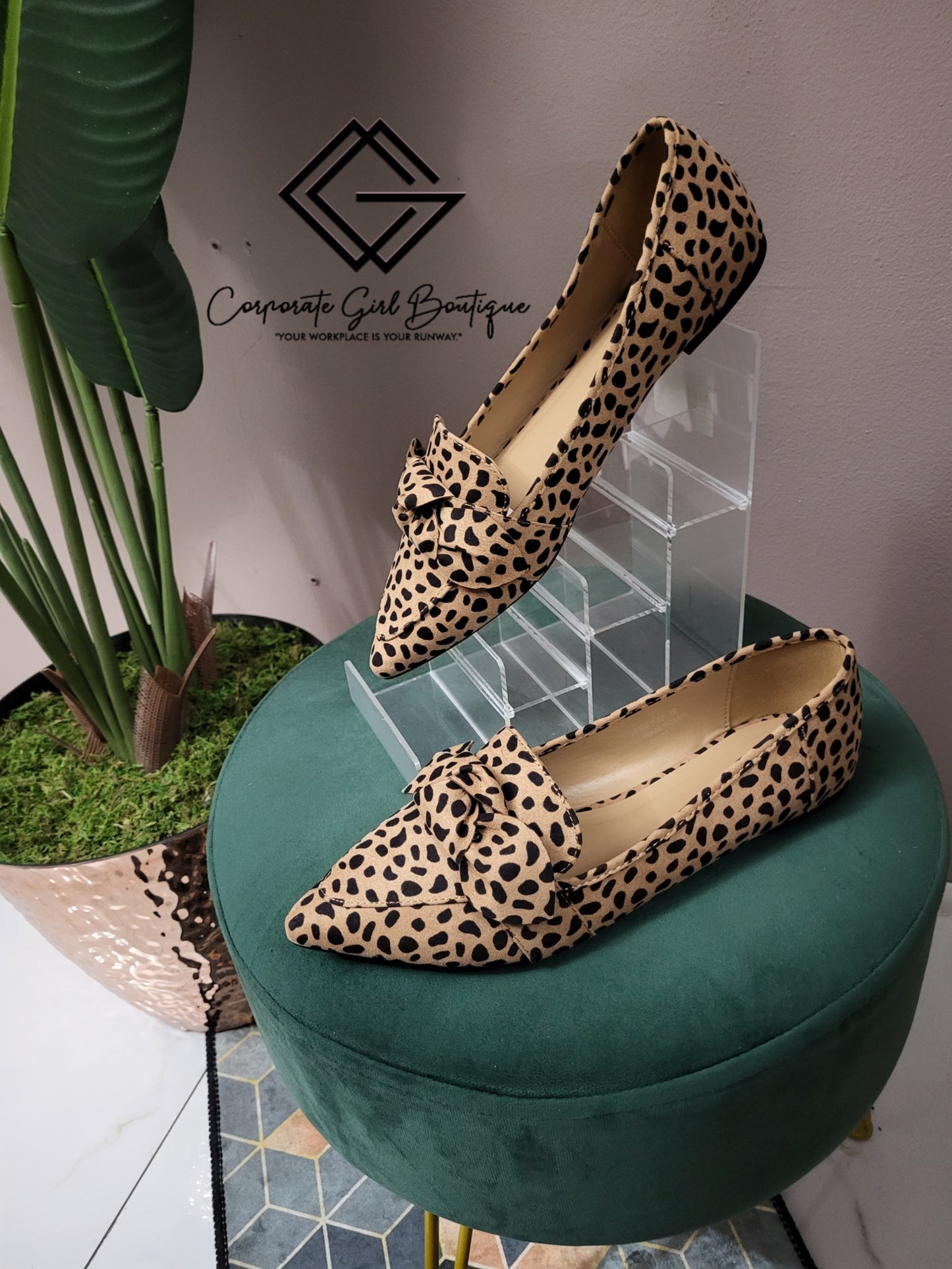 Cheetah Faux Suede Bow Pointed Flats