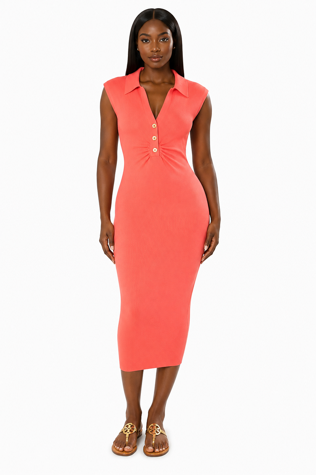 Deep V-Neck Button Dress