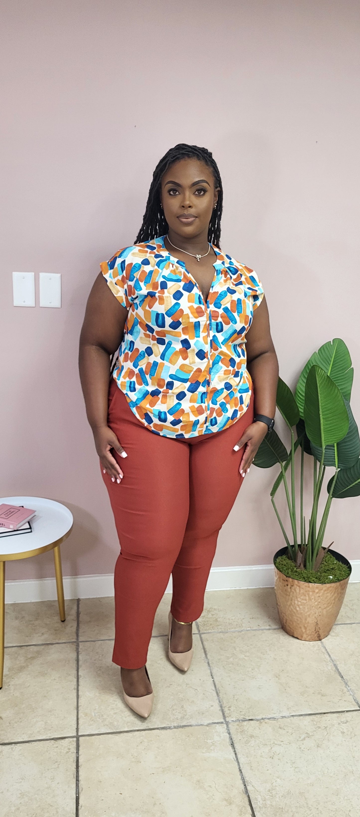 V-neck squared Printed Blouse-Plus Size