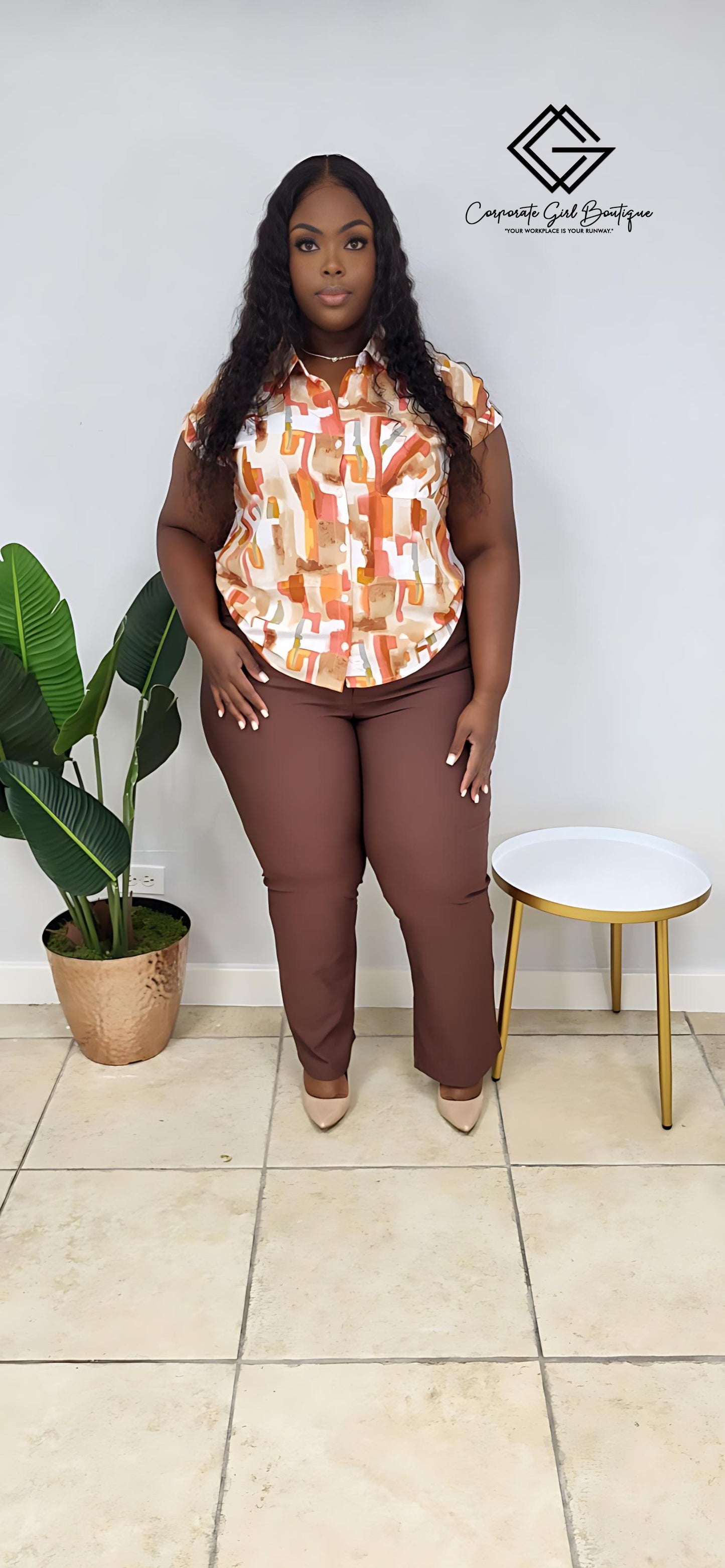 Collared Contrast Short Sleeve Blouse-Plus size