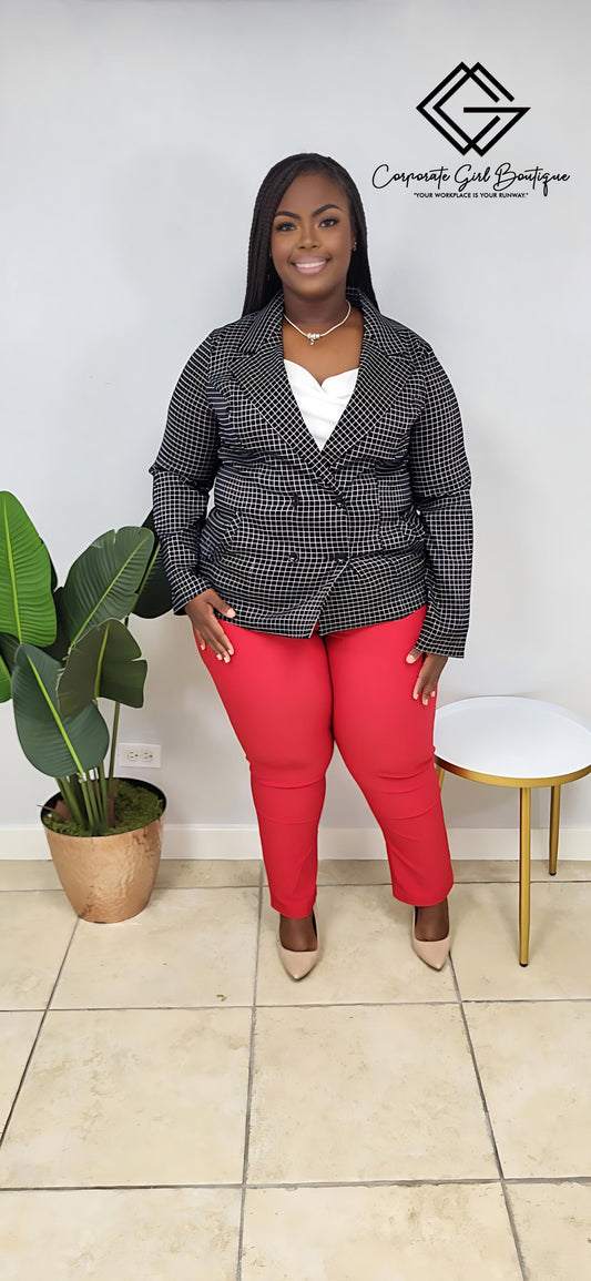 Plaid Double Breasted Blazer-Plus size