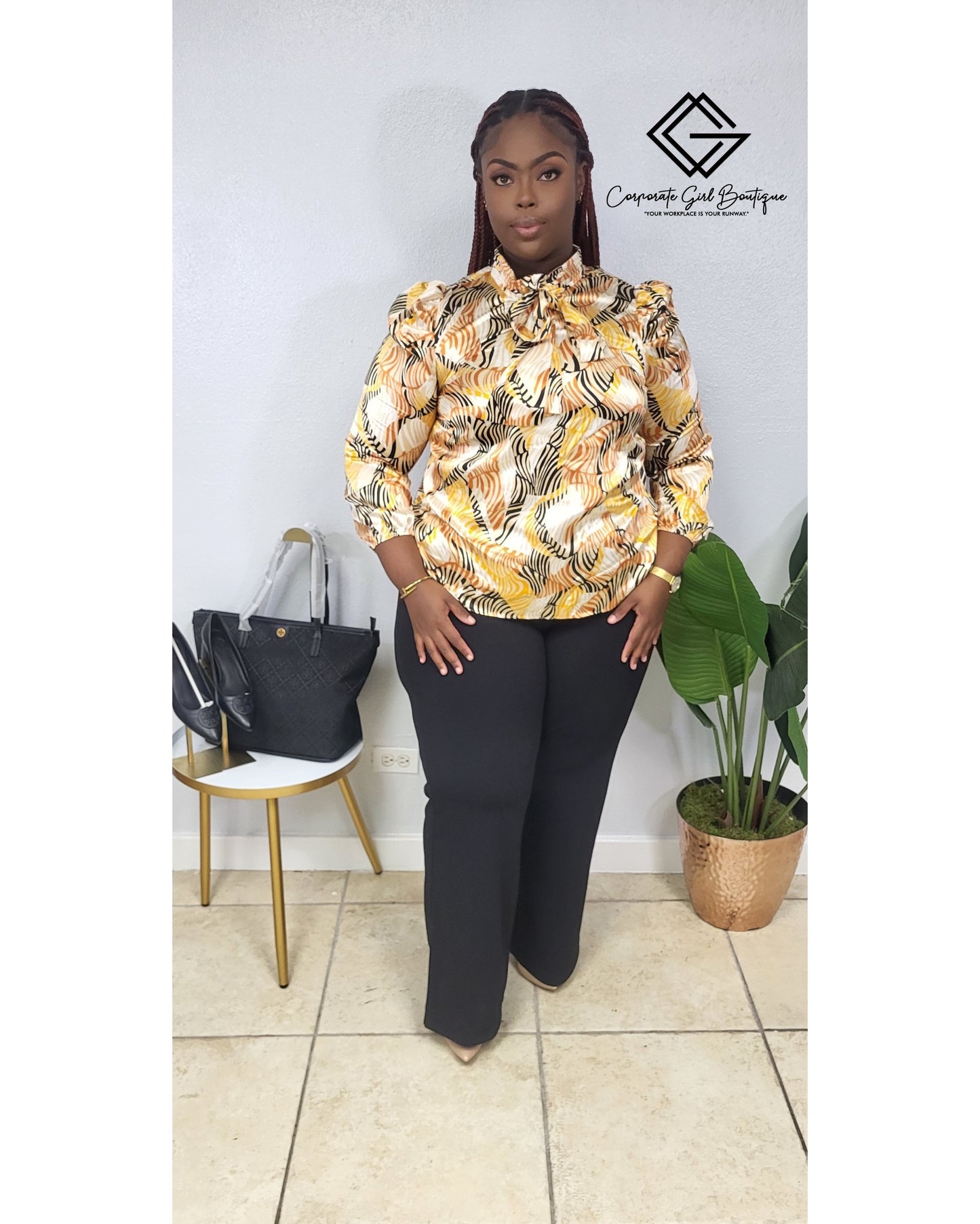 Satin Segment Patterns Bow Blouse