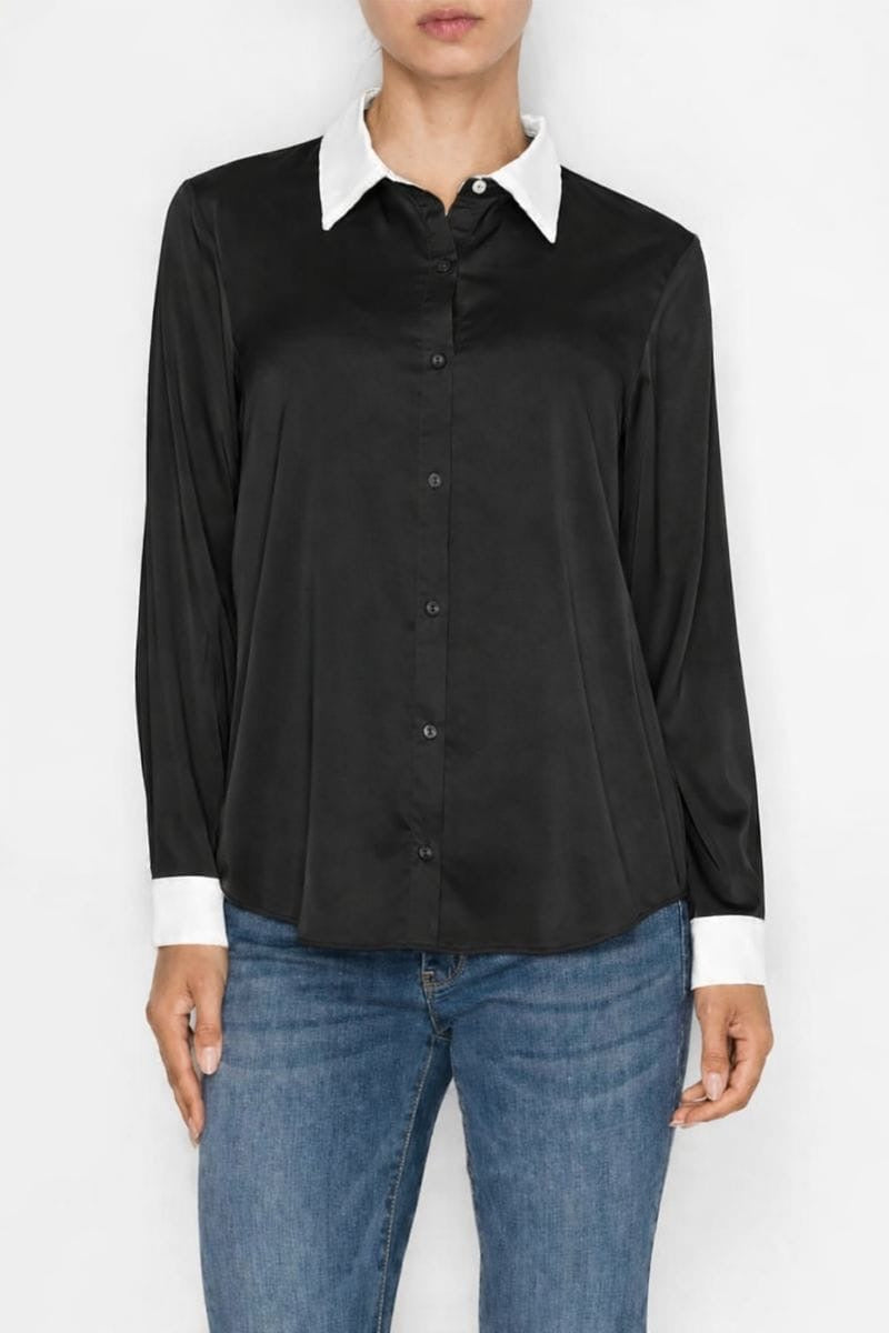 Satin Collared Contrast Long Sleeve Blouse,