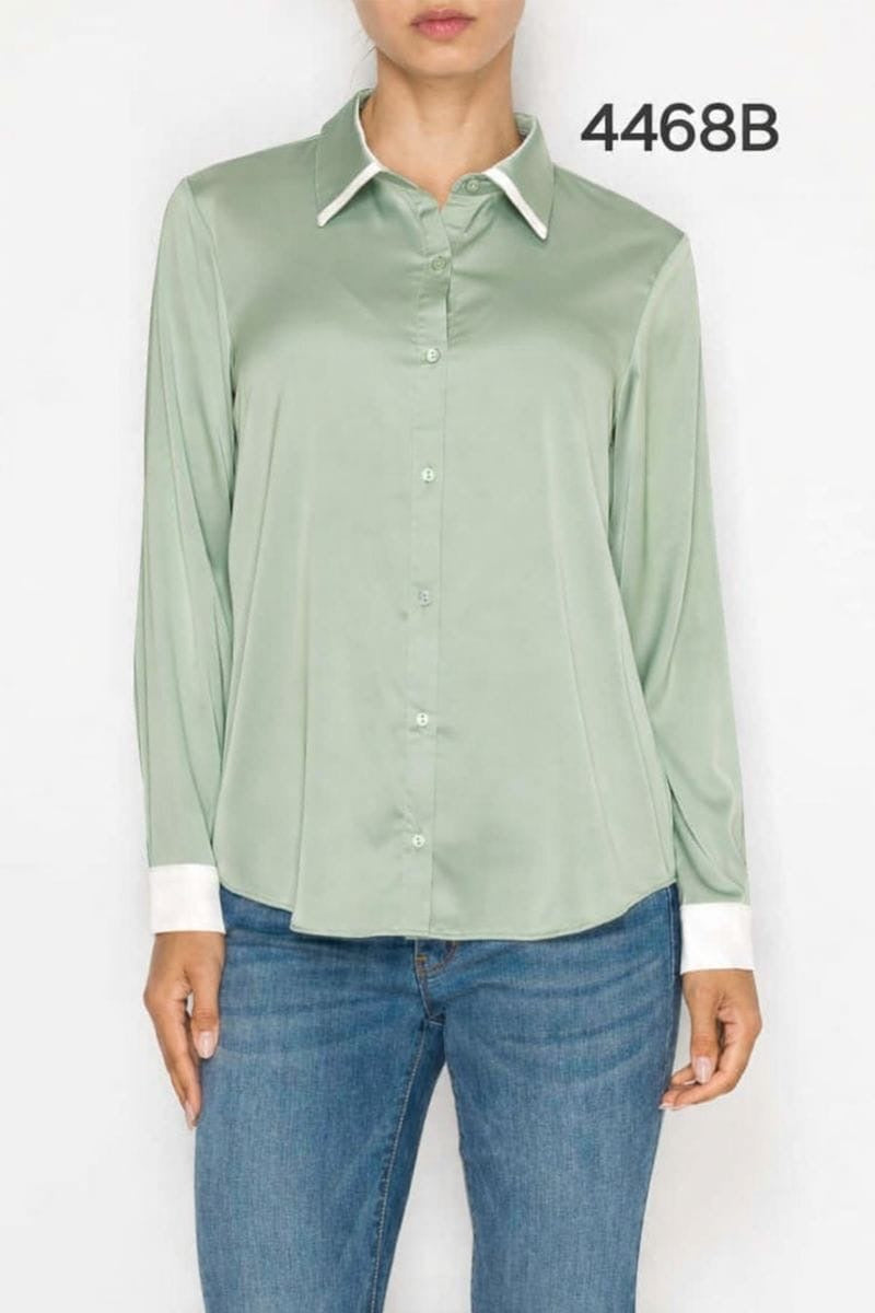 Satin Collared Contrast Long Sleeve Blouse,