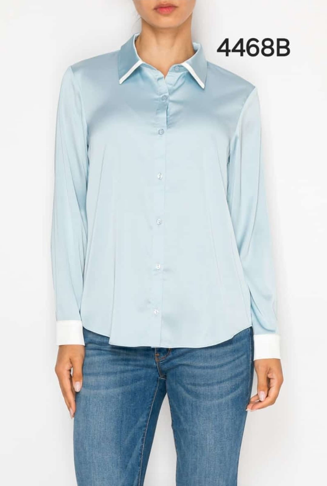Satin Collared Contrast Long Sleeve Blouse,