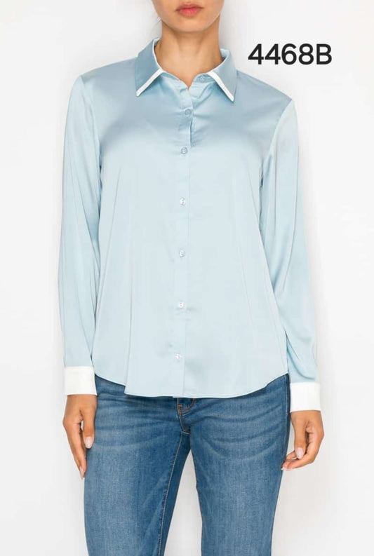 Satin Collared Contrast Long Sleeve Blouse,