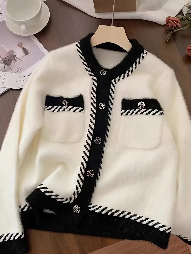 Chic Contrast Trim Boucle Cardigan