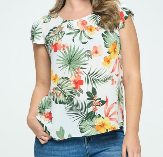 Hibiscus Leaf Cap Sleeve Blouse- Plus Size