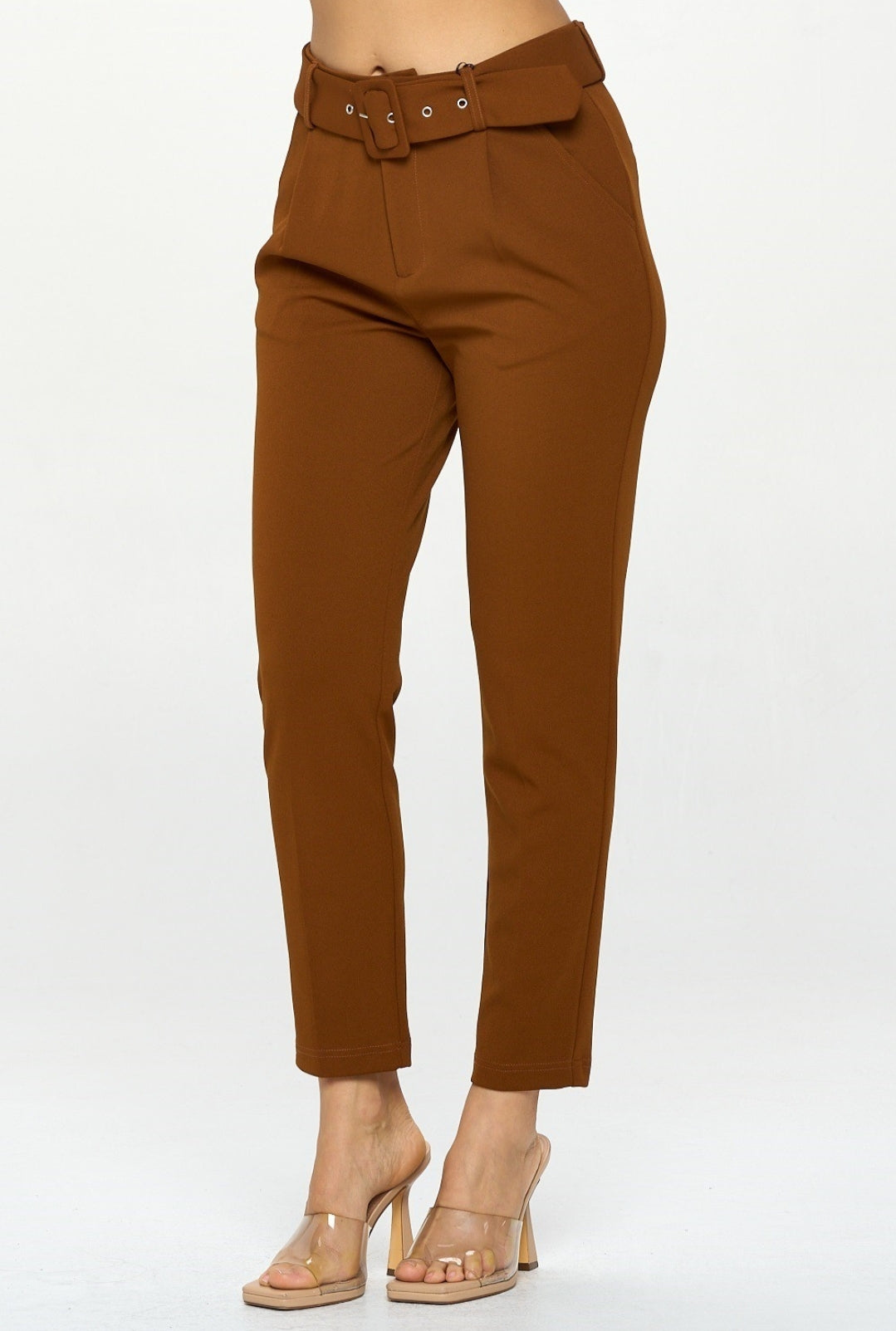 Twill High Waisted Belted Pants- Plus Size