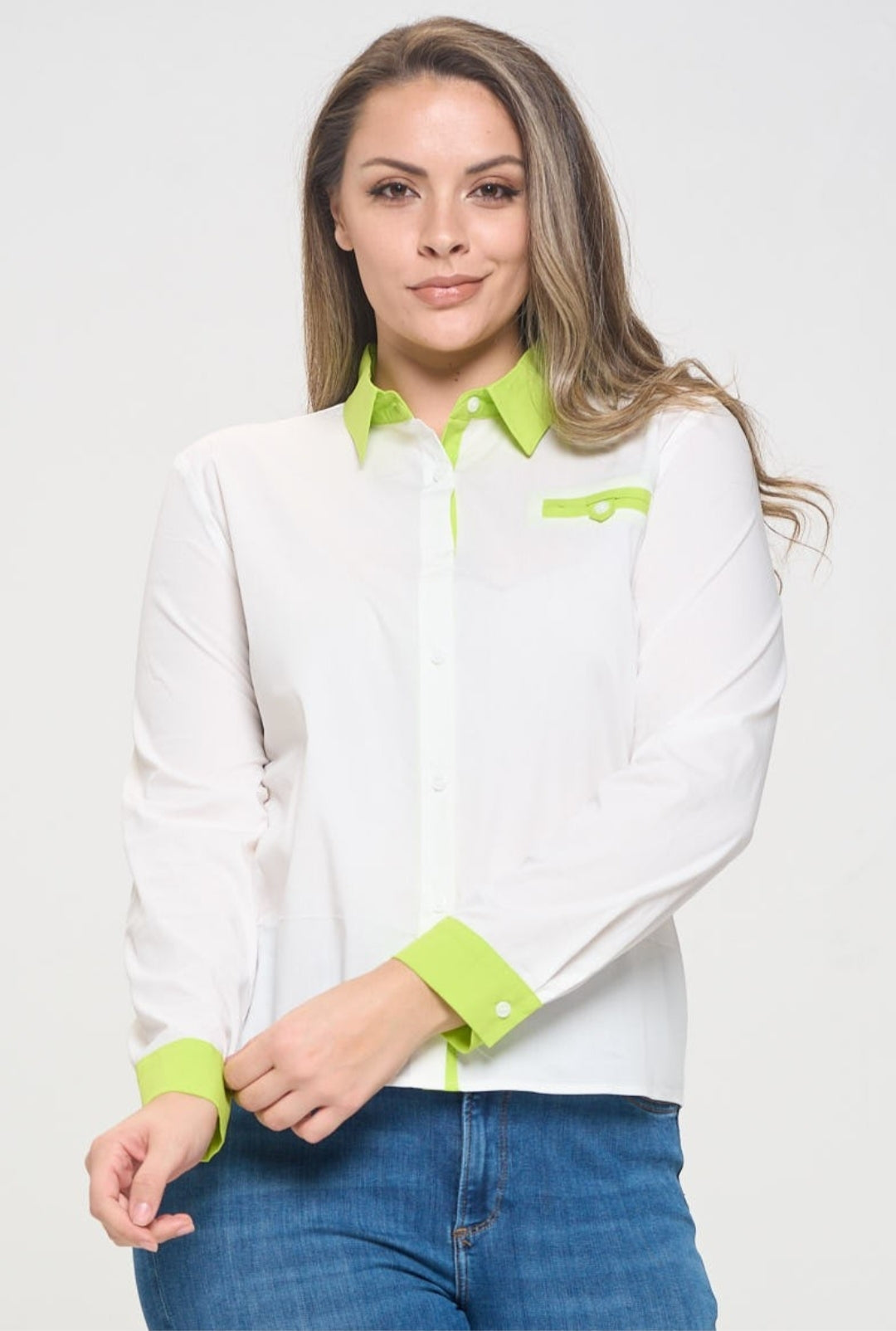 Two-Tone Spring Button Down Blouse