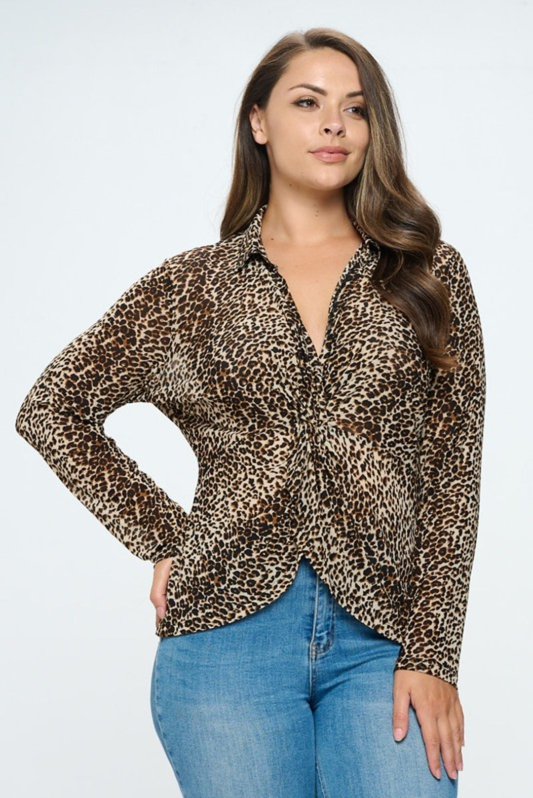 Animal Print Collar Blouse-Plus size