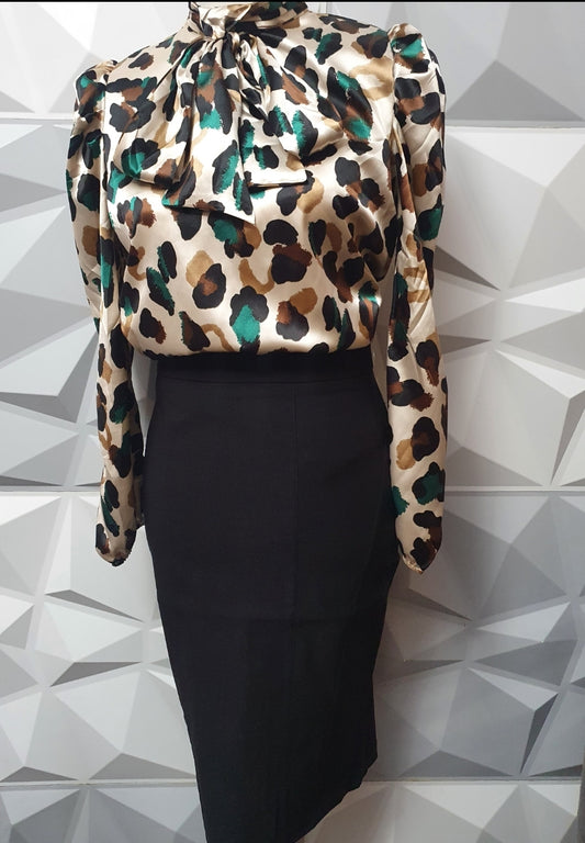 Satin Fierce  Leopard  Bow Blouse
