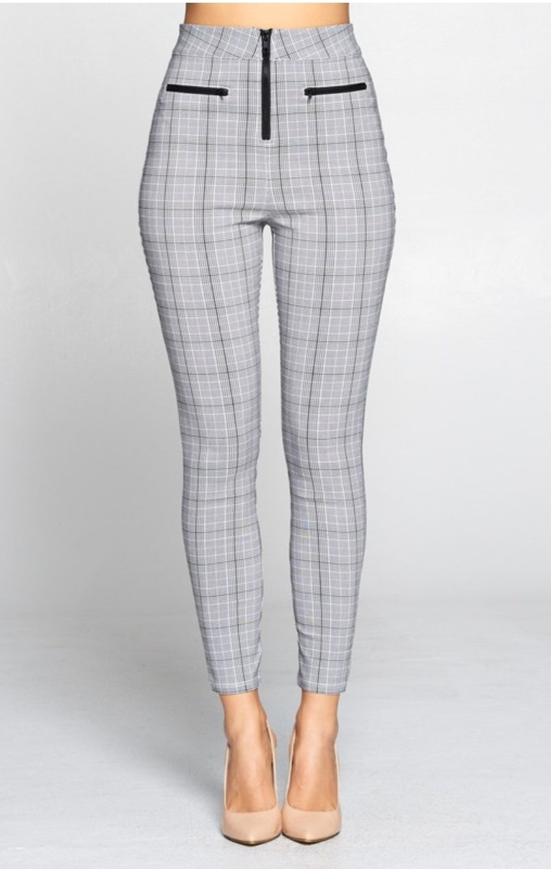 Zipper Trim Plaid Pants