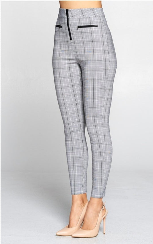 Zipper Trim Plaid Pants