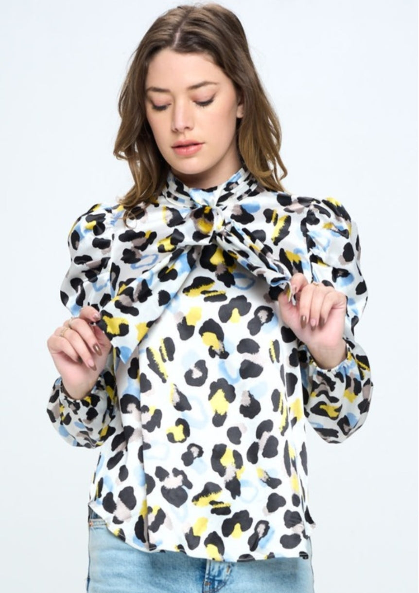 Satin Fierce  Leopard  Bow Blouse