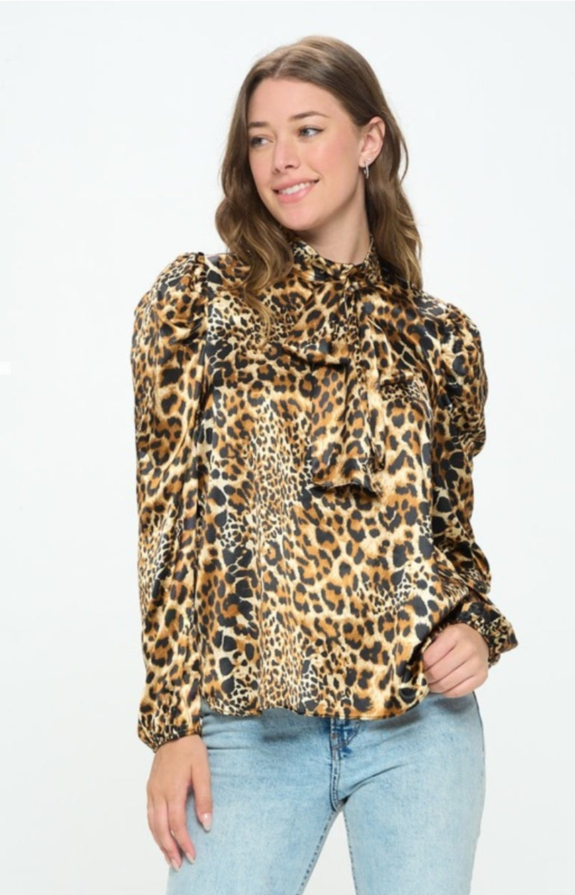 Satin Fierce  Leopard  Bow Blouse