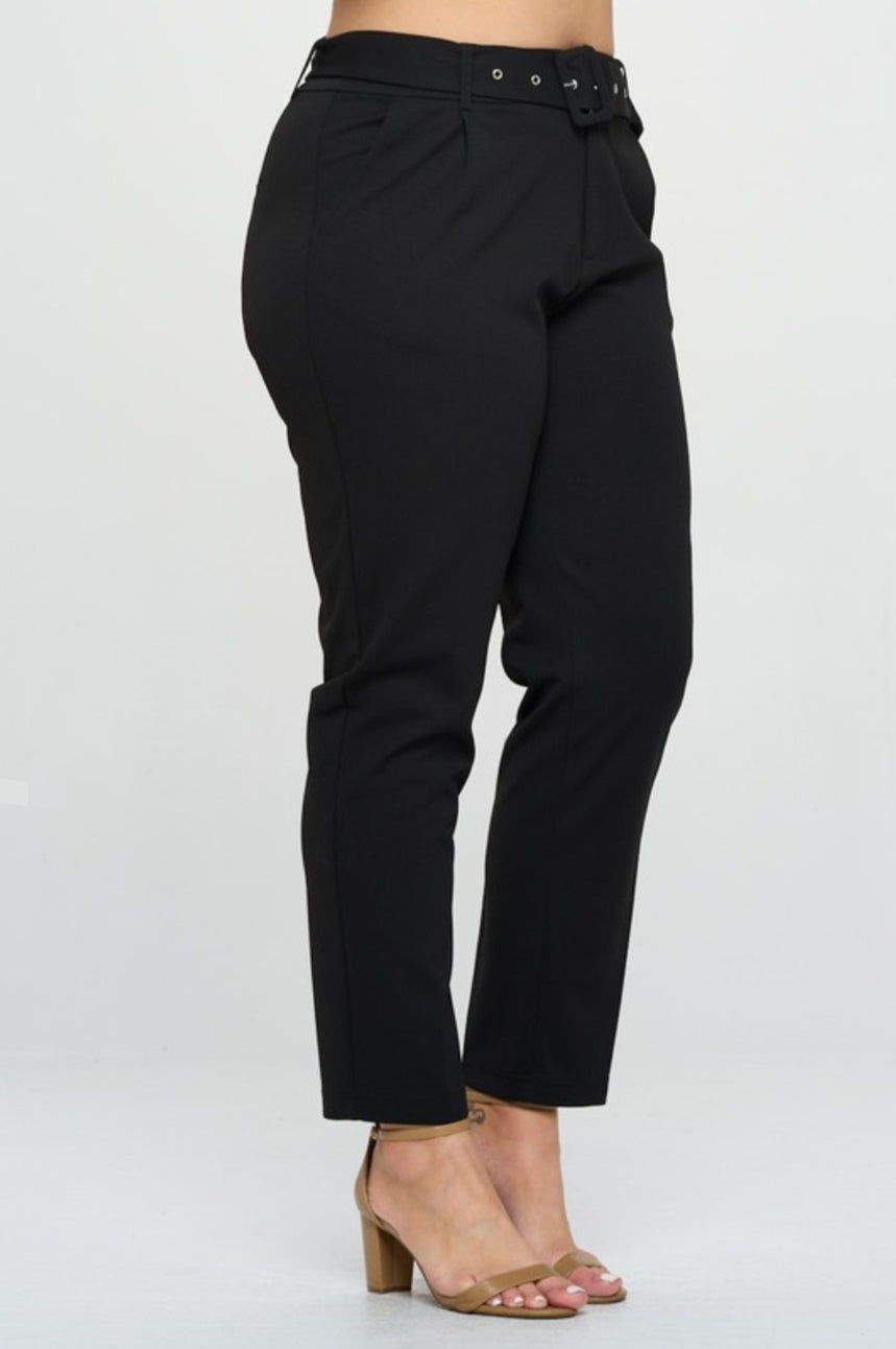 Twill High Waisted Belted Pants- Plus Size